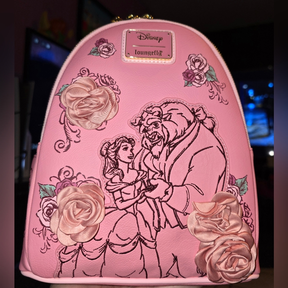 Brand New! Loungefly Disney Beauty and the Beast Pink Roses Mini Backpack